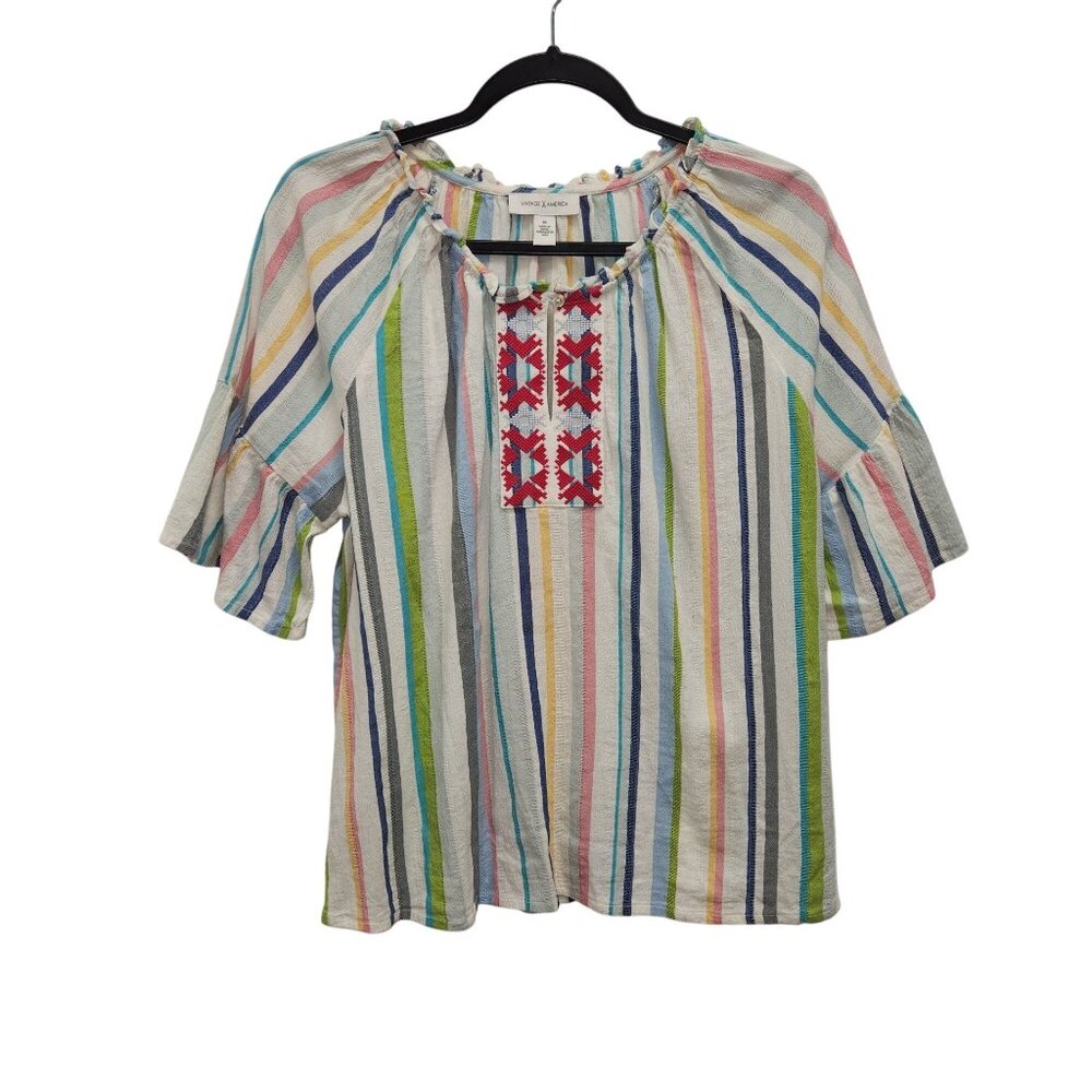 Vintage America Embroidered Striped Boho Top M Cotton/Viscose 4190